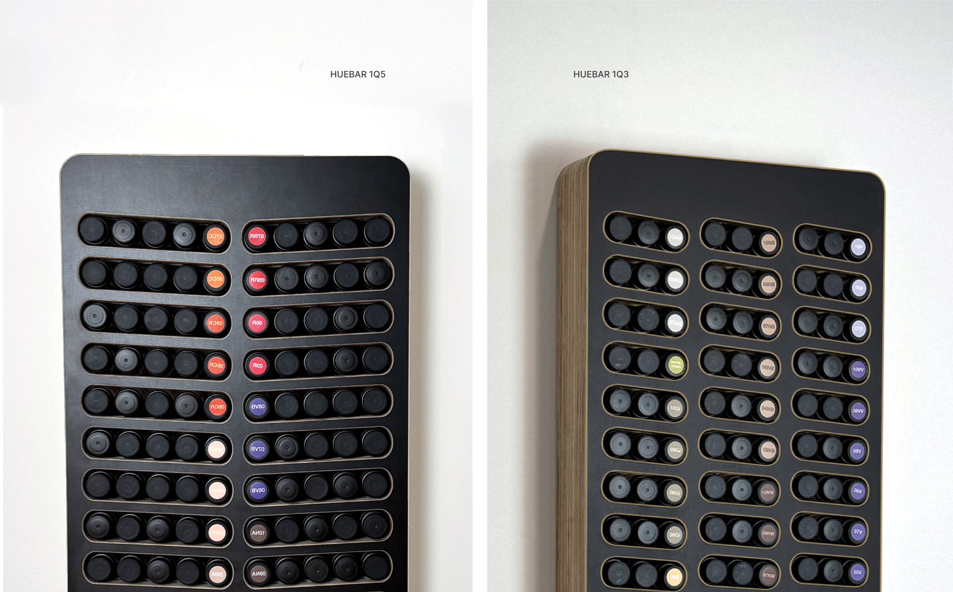 Two different har color bottle organizers organizing Redken Shades EQ made out of Birch with black laminate face for hair salons. Mid century modern look and design.