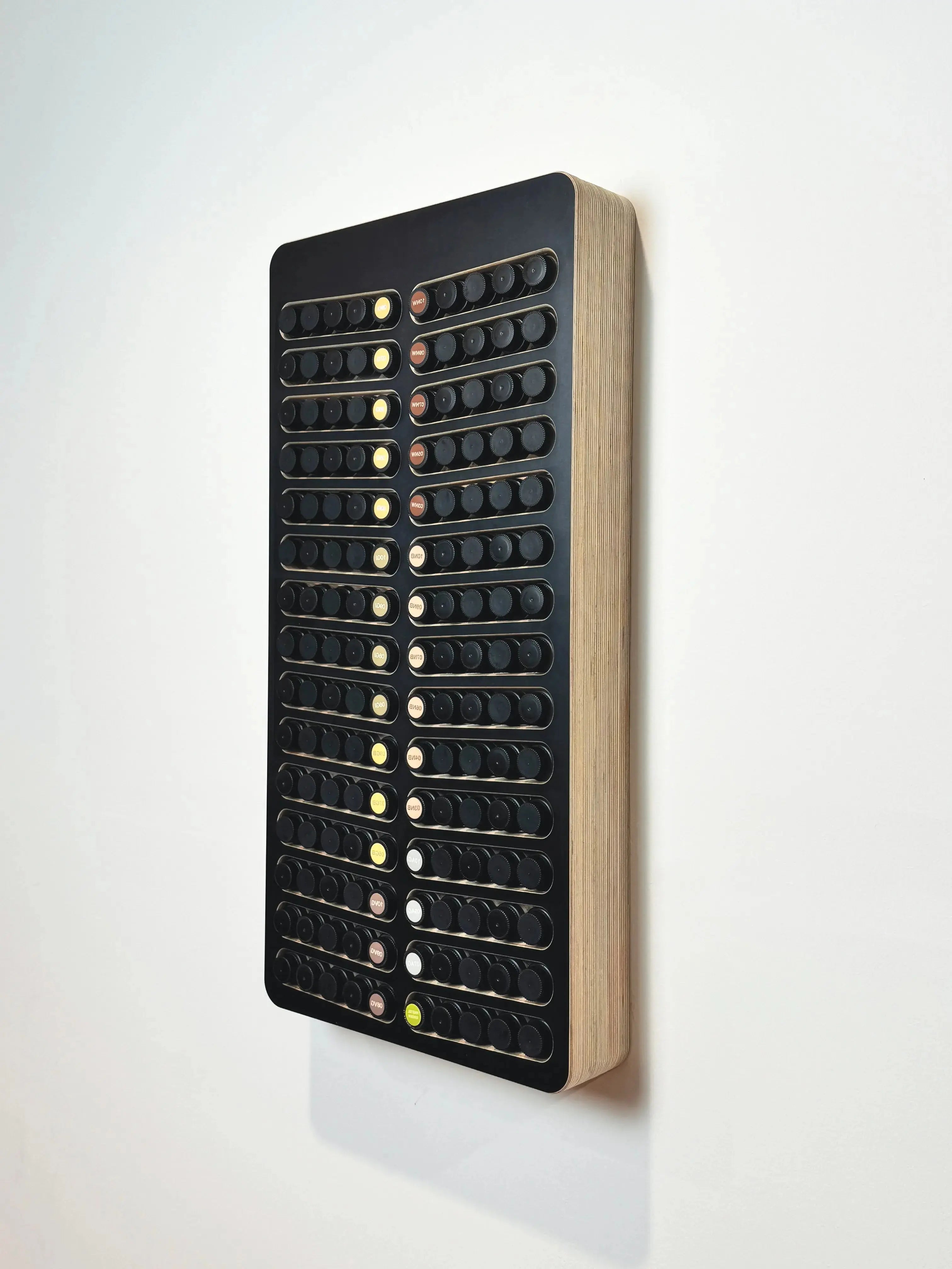 MCM style solid birch hair color storage with multiple compartments, which organize L'Oreal Redken hair gloss demipermanent Shades EQ bottles