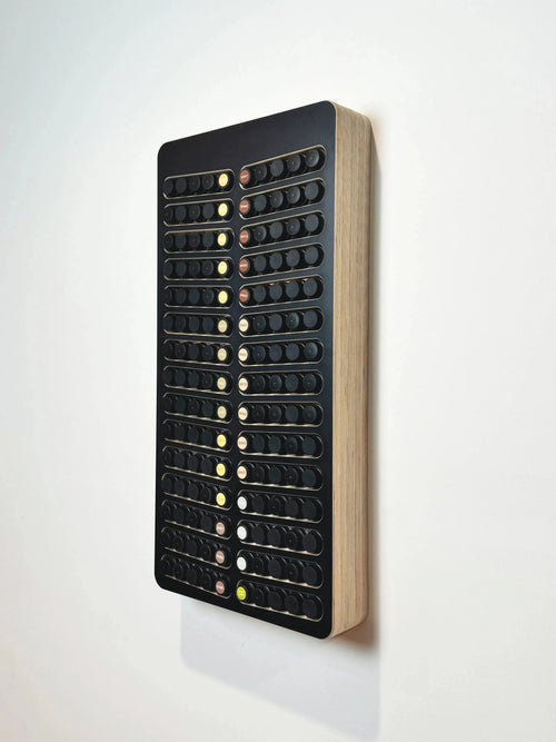 MCM style solid birch hair color storage with multiple compartments, which organize L'Oreal Redken hair gloss demipermanent Shades EQ bottles