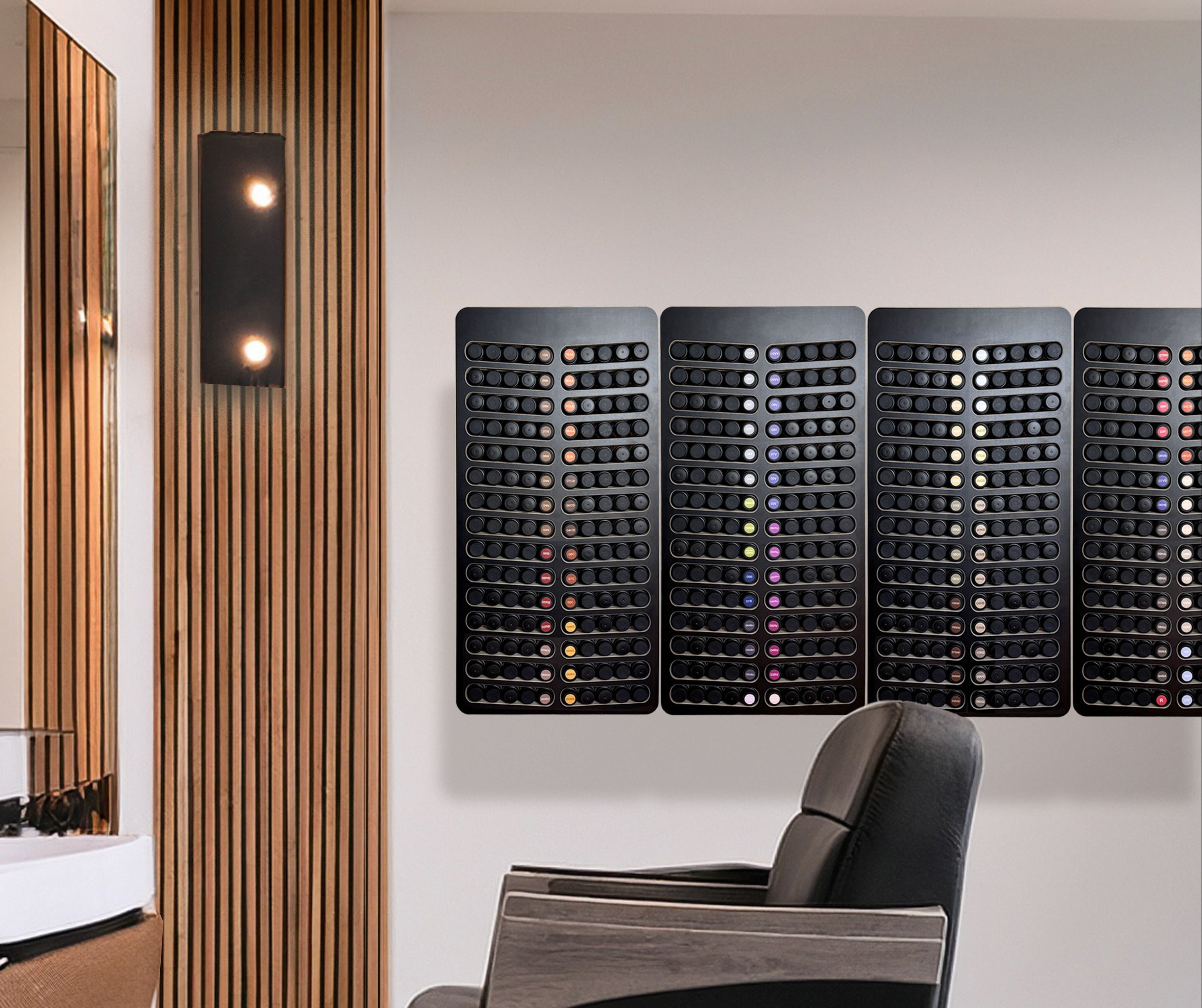 Modern salon featuring HUEBAR hair color organizers for bottle storage