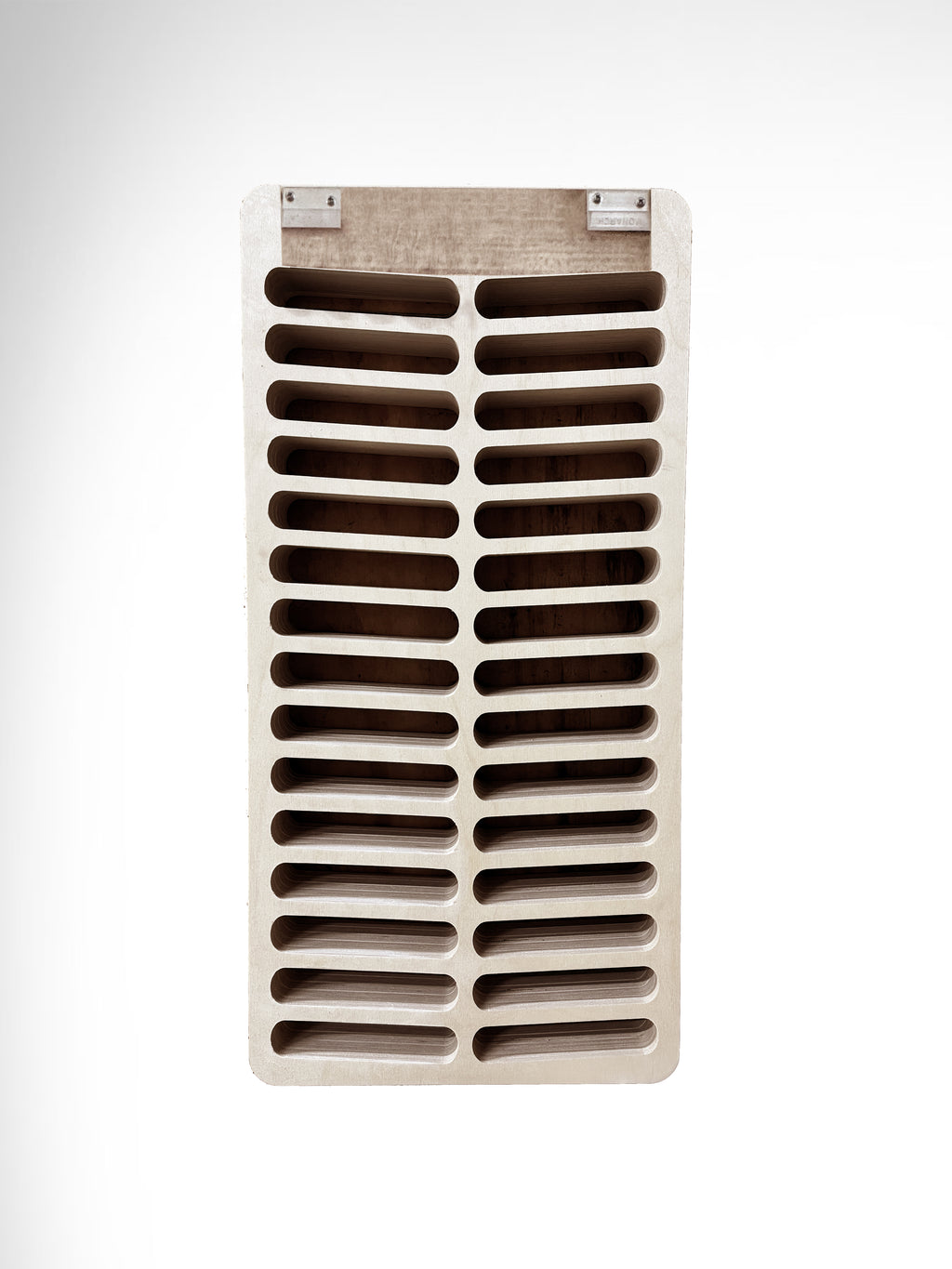 Wall-mounted wooden shelf  showing hardware on a white background for hair color bottles