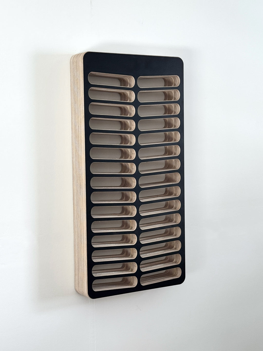 Wall-mounted hair dye organizer with multiple compartments on a white background