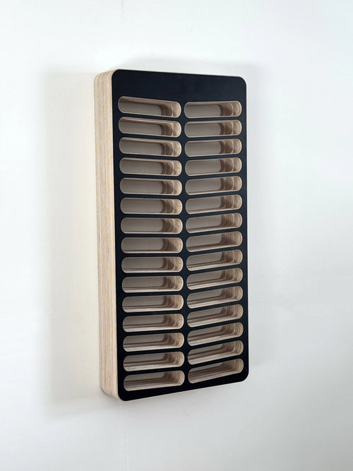 MCM style wall-mounted solid birch hair color organizer with multiple storage compartments that organize Redken Shades EQ hair color bottles