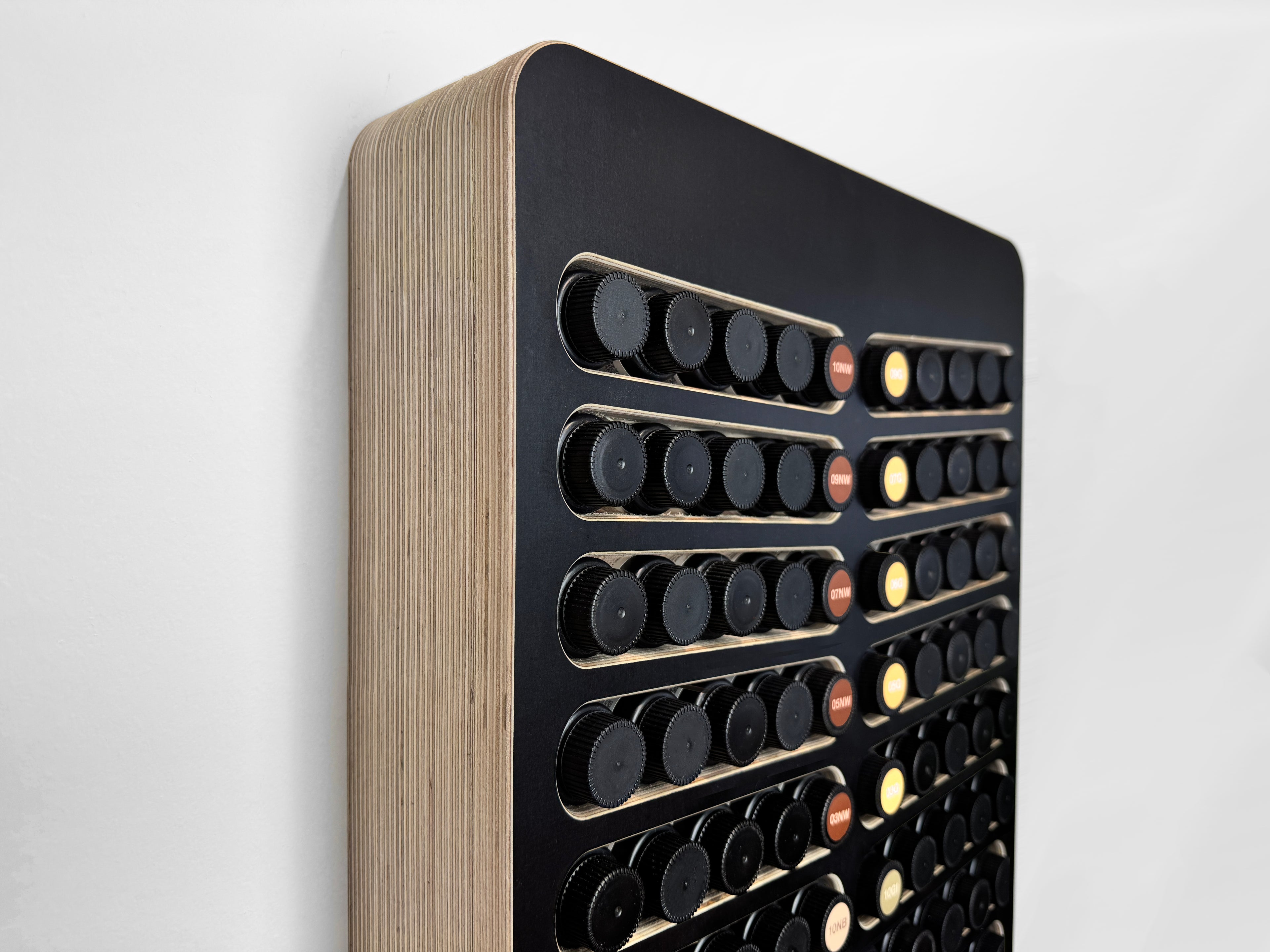 hair color storage with bottles on a white background