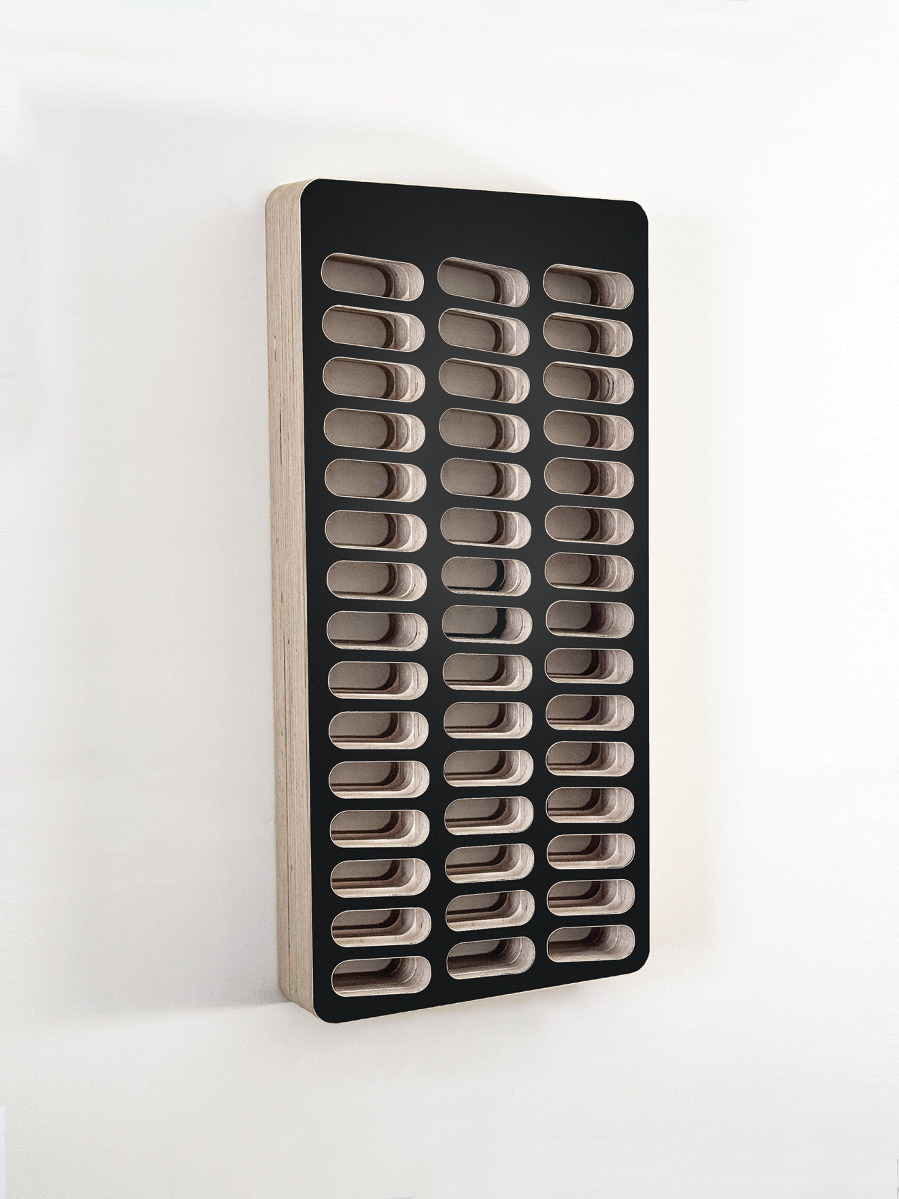 Black Baltic Birch Wood wall-mounted hair color organizer with multiple compartments on a white background